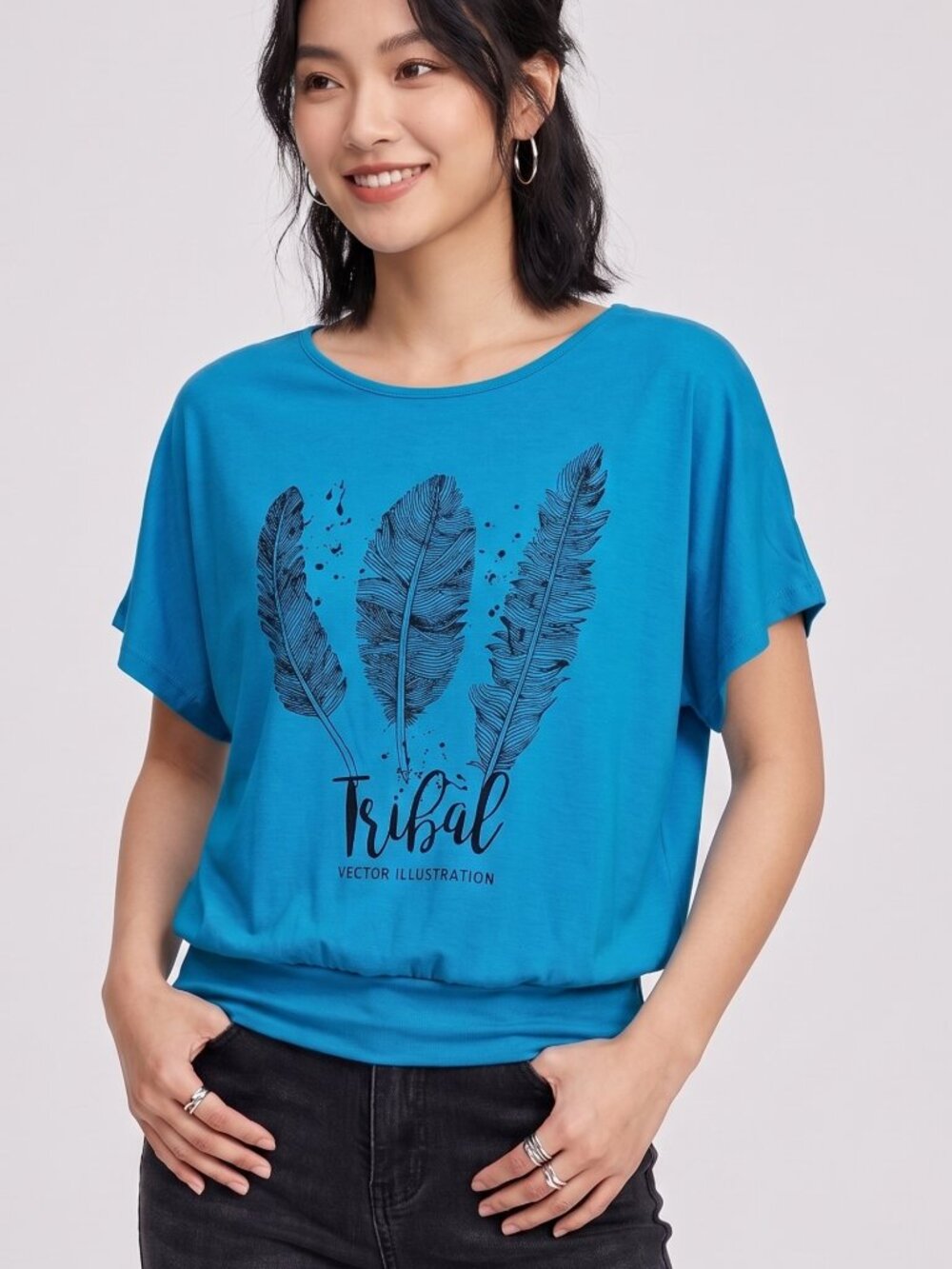 NWT | Van Der Rich Royal Blue Feather Graphic Batwing Sleeve Banded Hem Top | XL